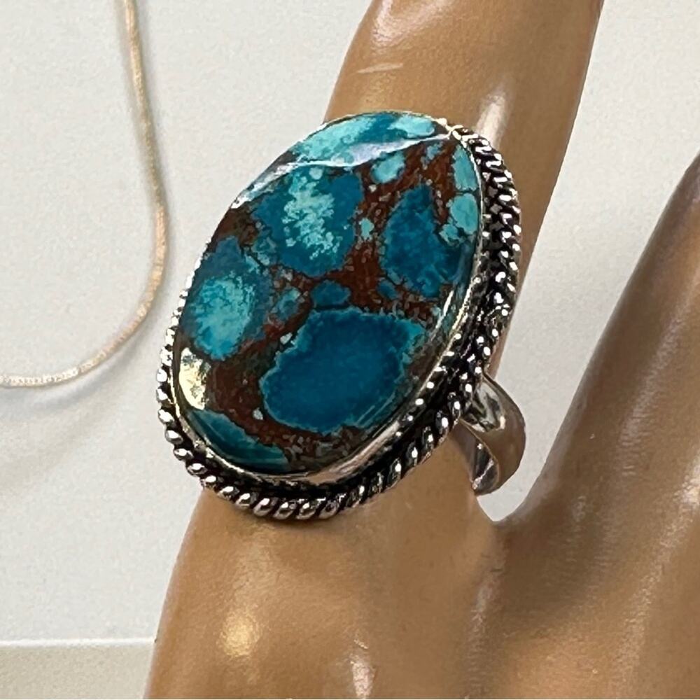 💕 Turquoise silver‎ plated ring stamped 925 size 7.5 handmade beautiful.
